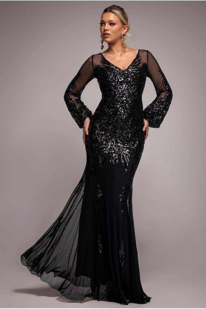 Embellished Sequin Bishop Sleeve Maxi Dress - Black DR4634