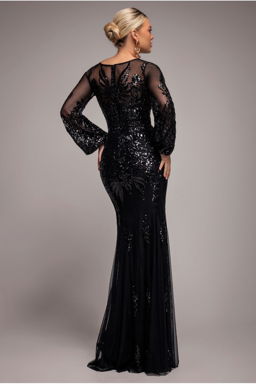 Embellished Sequin Bishop Sleeve Maxi Dress - Black DR4634
