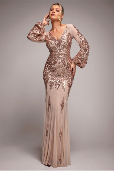 Champagne - Embellished Sequin Bishop Sleeve Maxi Dress - Champagne by Goddiva