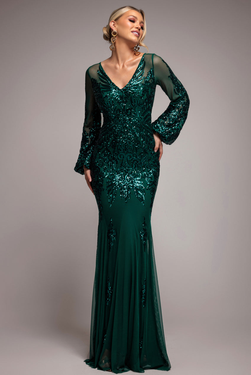 Embellished Sequin Bishop Sleeve Maxi Dress - Emerald Green DR4634