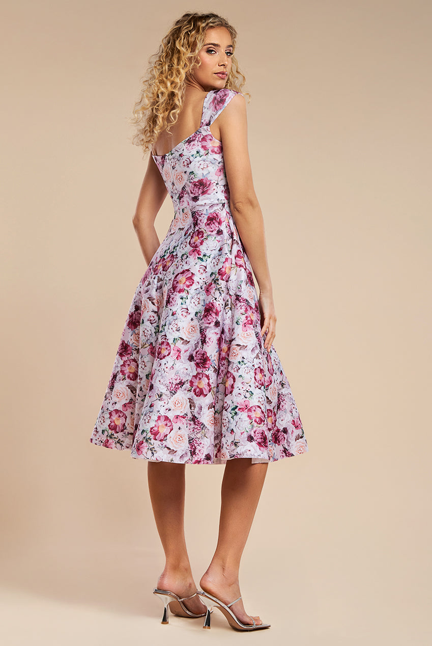 Floral Print A-Line Sweetheart Midi Dress - Blush Pink DR4635