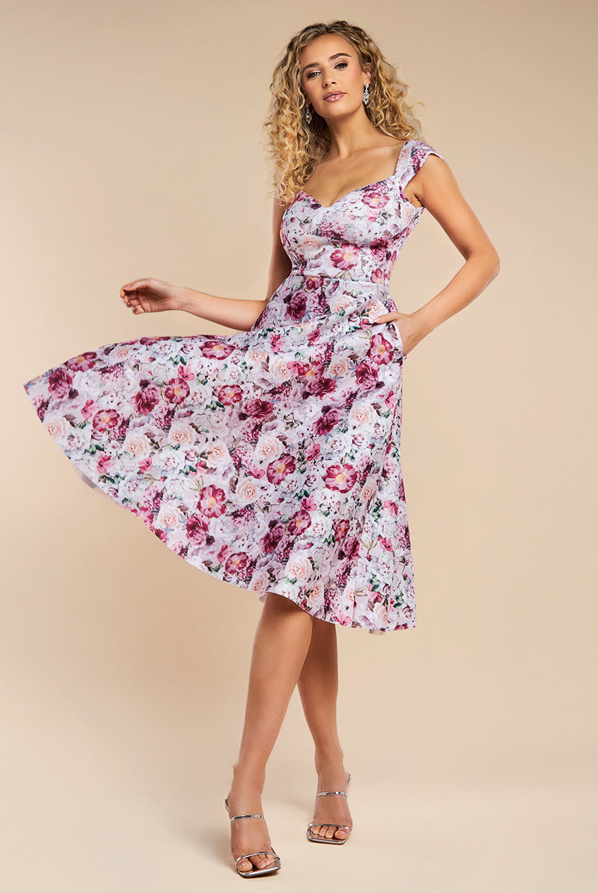 Floral Print A-Line Sweetheart Midi Dress - Blush Pink DR4635