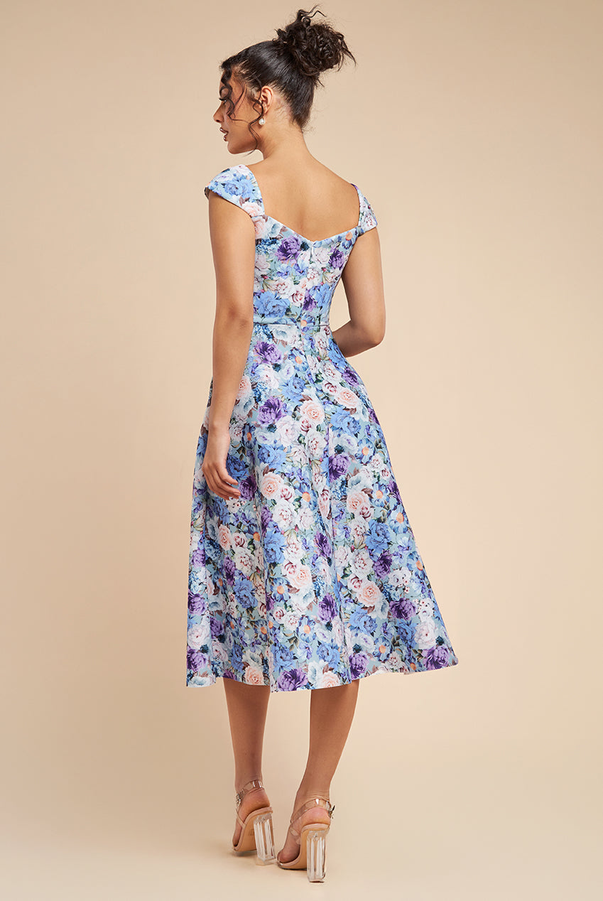 Floral Print A-Line Sweetheart Midi Dress - Powder Blue DR4635