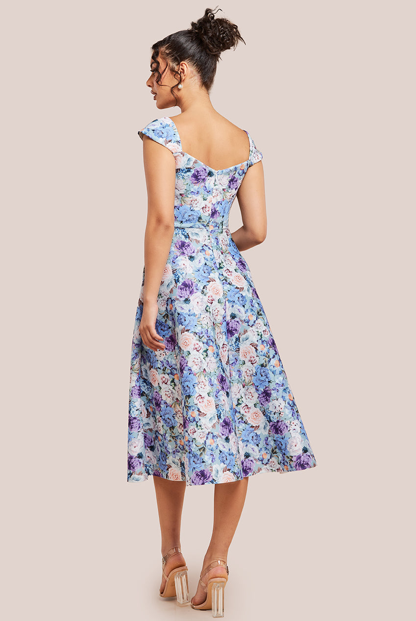 Floral Print A-Line Sweetheart Midi Dress - Powder Blue DR4635
