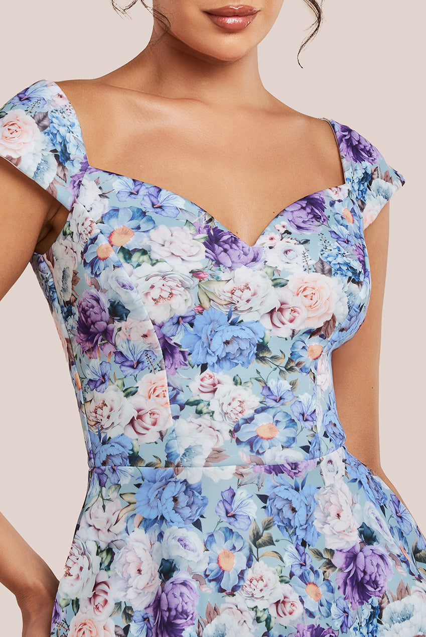 Floral Print A-Line Sweetheart Midi Dress - Powder Blue DR4635