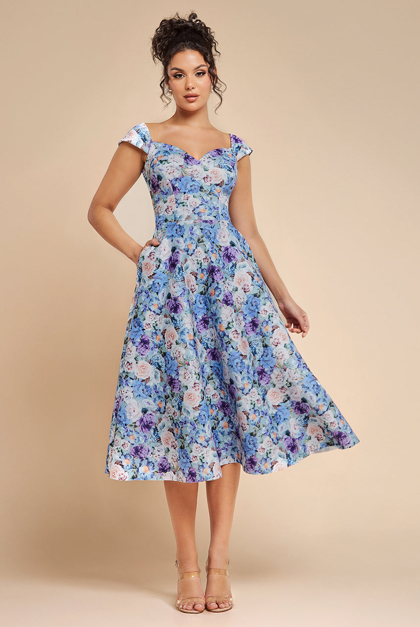 Floral Print A-Line Sweetheart Midi Dress - Powder Blue DR4635