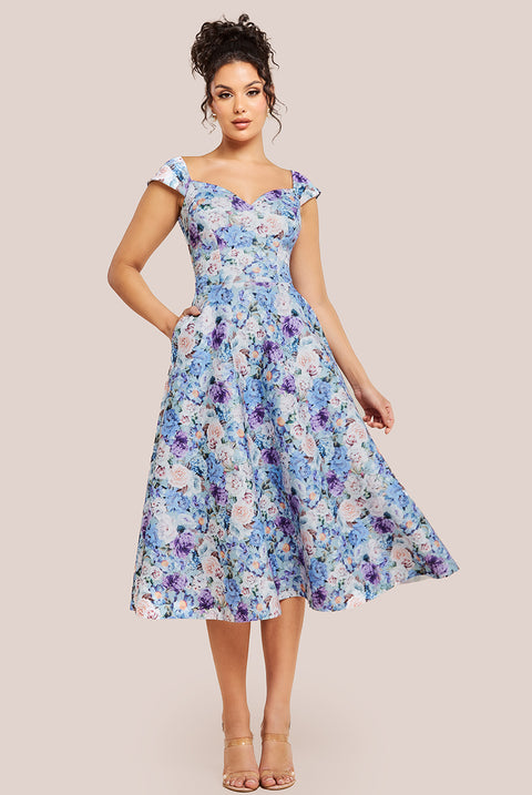 Floral Print A-Line Sweetheart Midi Dress - Powder Blue by Goddiva