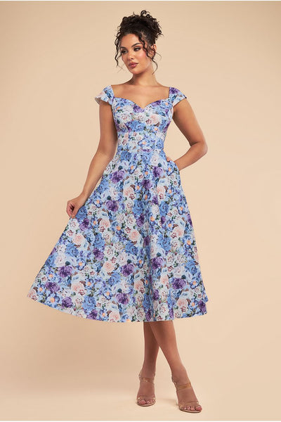 Powder Blue - Floral Print A-Line Sweetheart Midi Dress - Powder Blue by Goddiva