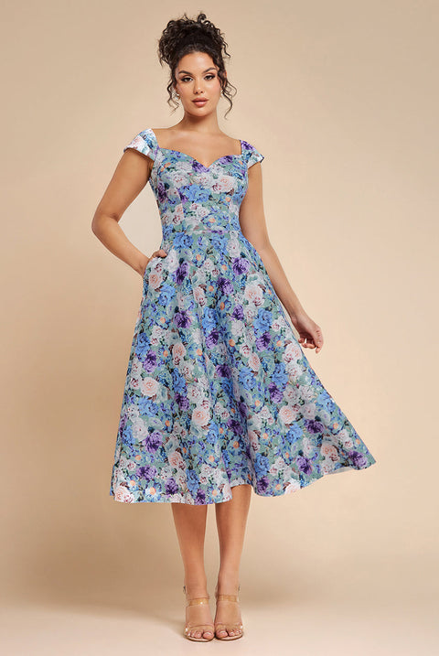 Floral Print A-Line Sweetheart Midi Dress - Sage Green by Goddiva