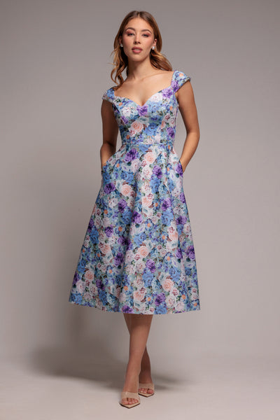 Sage Green - Floral Print A-Line Sweetheart Midi Dress - Sage Green by Goddiva