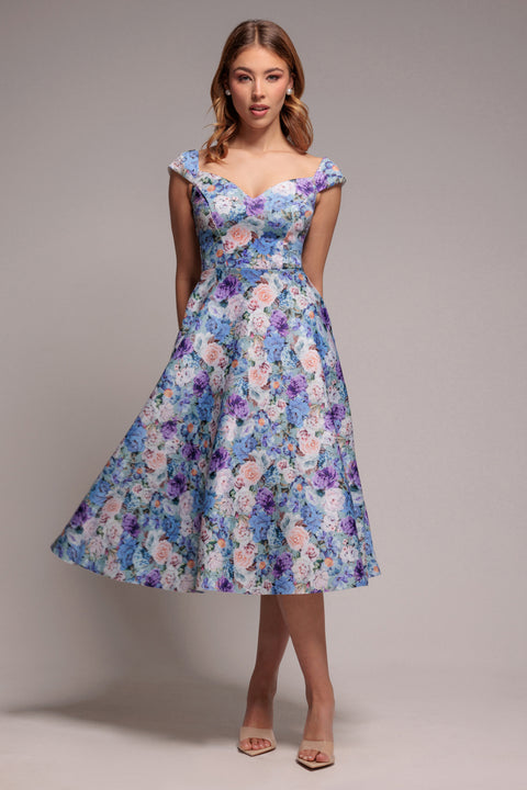 Floral Print A-Line Sweetheart Midi Dress - Sage Green by Goddiva