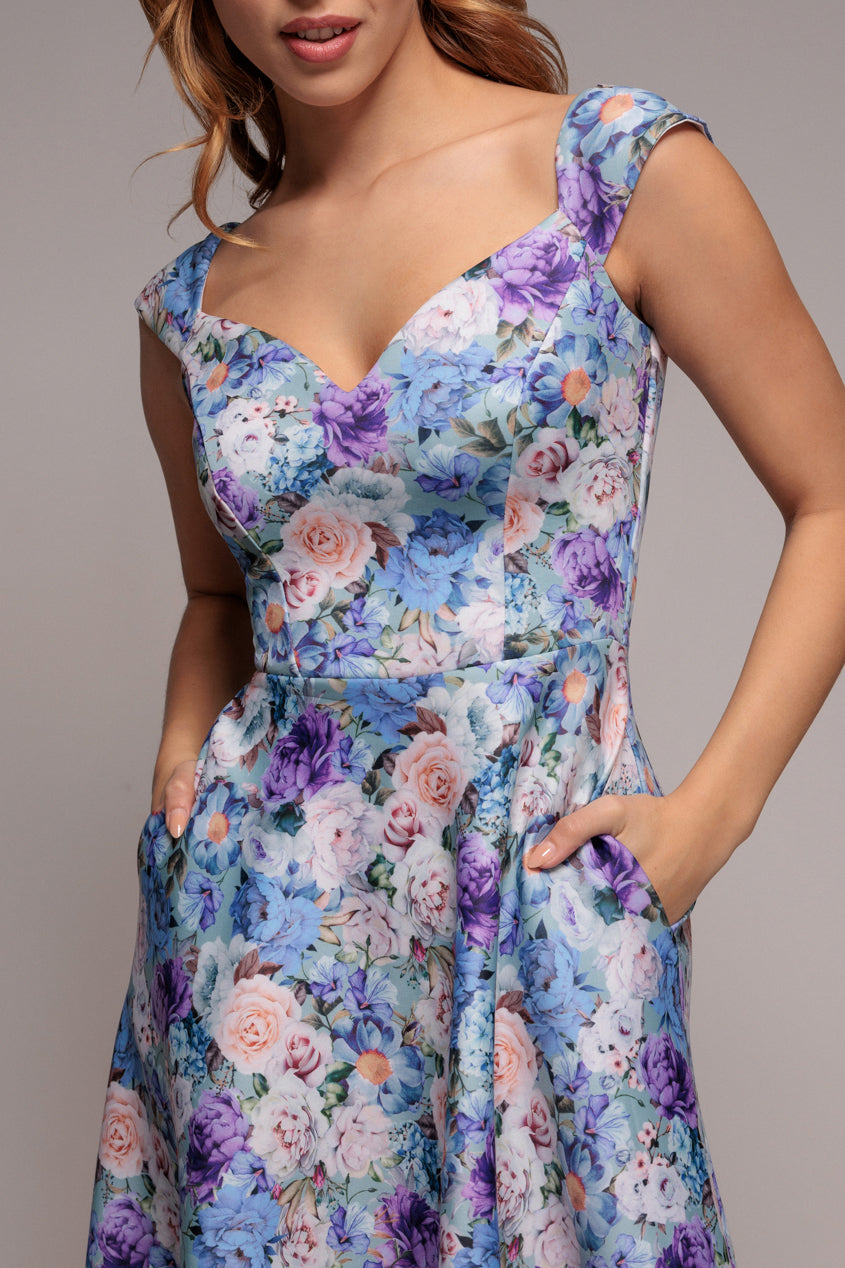 Floral Print A-Line Sweetheart Midi Dress - Sage Green DR4635