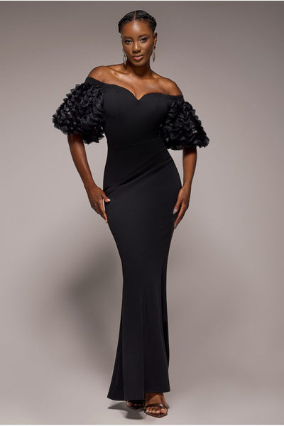 Black - Off The Shoulder 3D Puffed Sleeve Sweetheart Maxi Dress - Black by Goddiva