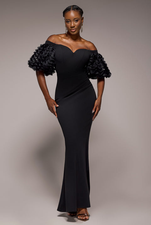 Off The Shoulder 3D Puffed Sleeve Sweetheart Maxi Dress - Black by Goddiva