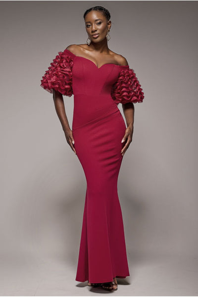 BurgundyRed - Off The Shoulder 3D Puffed Sleeve Sweetheart Maxi Dress - Burgundy by Goddiva