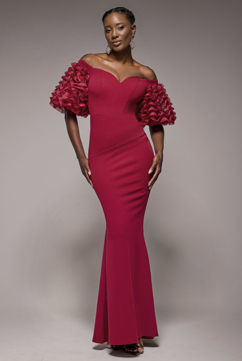 Off The Shoulder 3D Puffed Sleeve Sweetheart Maxi Dress - Burgundy by Goddiva