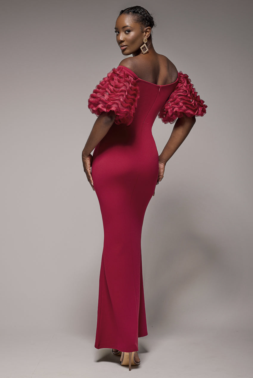 Off The Shoulder 3D Puffed Sleeve Sweetheart Maxi Dress - Burgundy DR4637