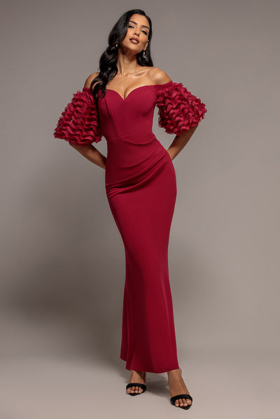 Off The Shoulder 3D Puffed Sleeve Sweetheart Maxi Dress - Burgundy by Goddiva