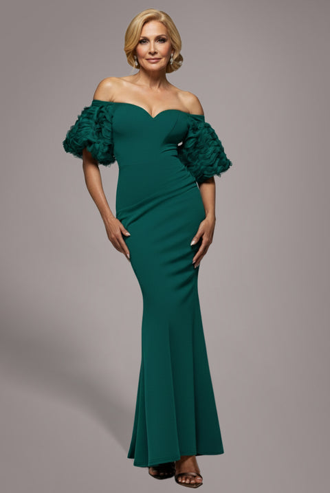 Off The Shoulder 3D Puffed Sleeve Sweetheart Maxi Dress - Emerald Green by Goddiva