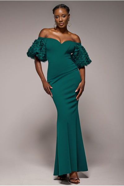 Off The Shoulder 3D Puffed Sleeve Sweetheart Maxi Dress - Emerald Green