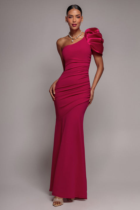 One Shoulder Puffed Satin Sleeve Evening Maxi Dress - Magenta by Goddiva