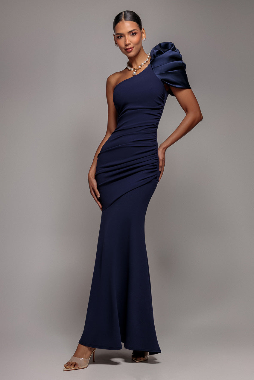 One Shoulder Puffed Satin Sleeve Evening Maxi Dress - Navy Blue DR4640