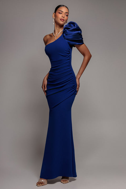One Shoulder Puffed Satin Sleeve Evening Maxi Dress - Royal Blue by Goddiva