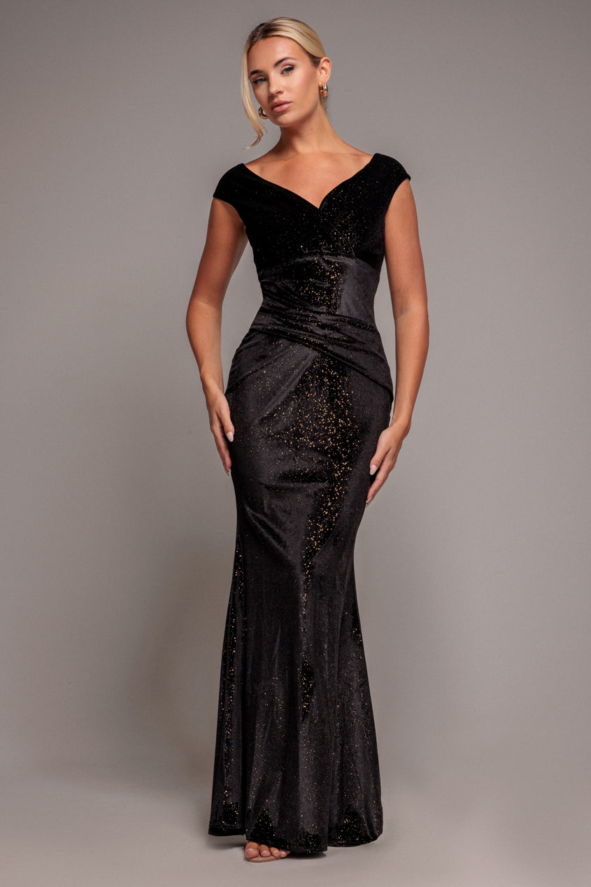 Shimmer Velvet Bardot Maxi Dress - Black Gold DR4643