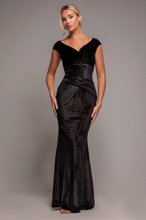 Shimmer Velvet Bardot Maxi Dress - Black Gold by Goddiva
