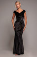 Shimmer Velvet Bardot Maxi Dress - Black Gold by Goddiva