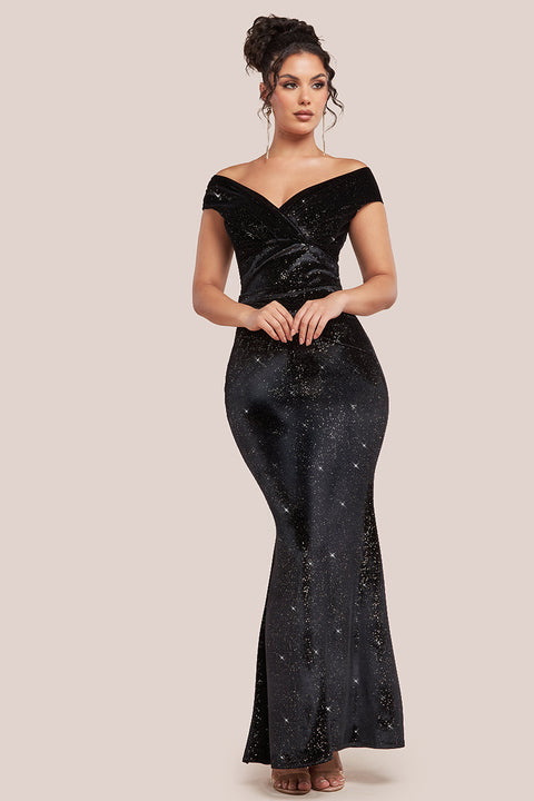 Shimmer Velvet Bardot Maxi Dress - Black Gold by Goddiva