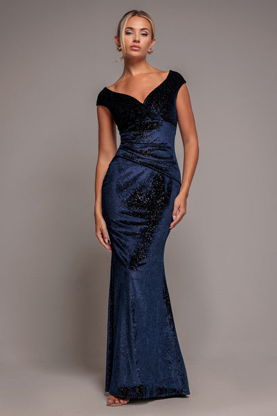 bardot blue velvet dress Shimmer Velvet Bardot Maxi Dress - Navy