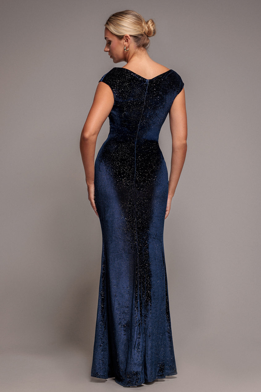Shimmer Velvet Bardot Maxi Dress - Navy DR4643