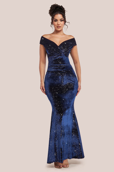 Shimmer Velvet Bardot Maxi Dress - Navy DR4643