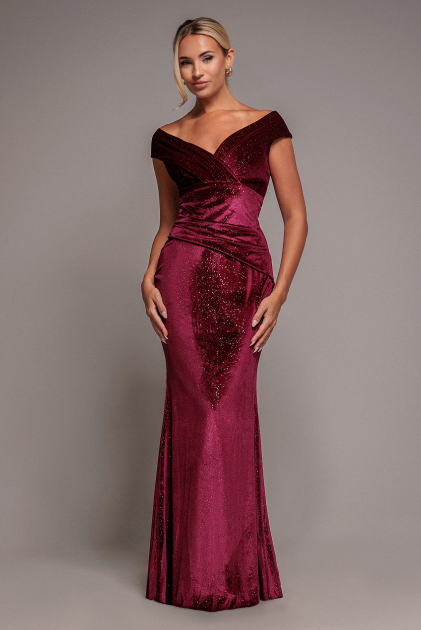 Shimmer Velvet Bardot Maxi Dress - Wine DR4643