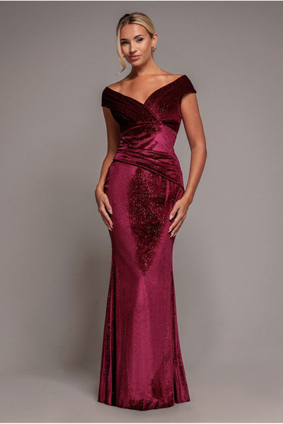 Shimmer Velvet Bardot Maxi Dress - Wine by Goddiva