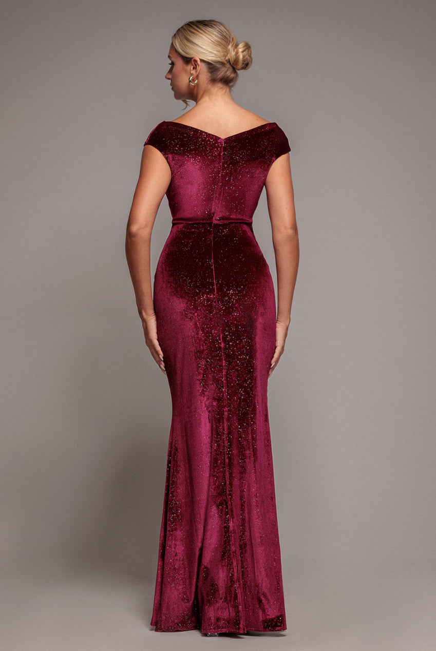Shimmer Velvet Bardot Maxi Dress - Wine DR4643