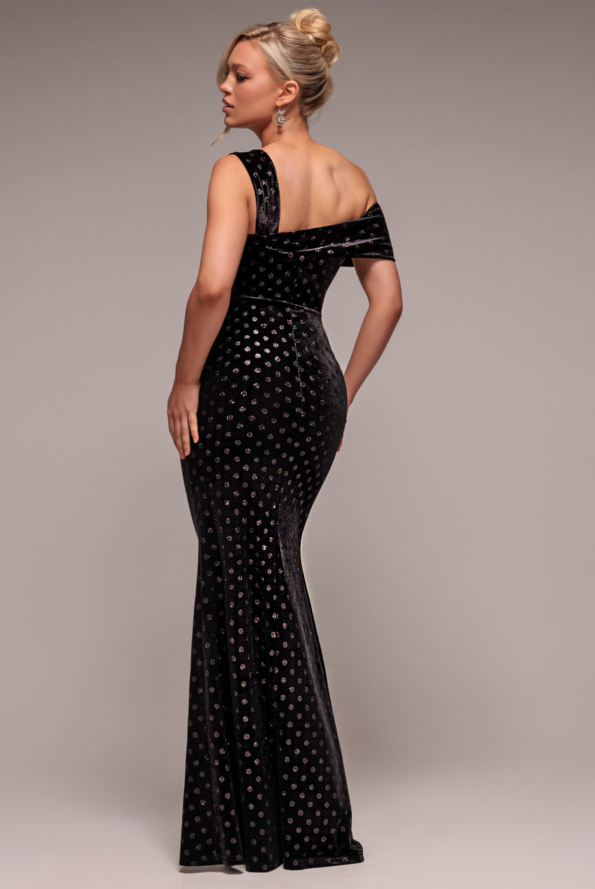 Glitter Polka Dot Velvet One Shoulder Maxi Dress - Black DR4646