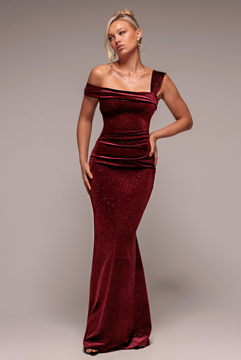 Glitter Polka Dot Velvet One Shoulder Maxi Dress - Wine by Goddiva