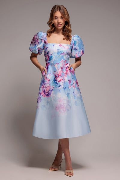 Blue - Printed Scuba Square Neck Puff Sleeve Midi Dress - Blue by Goddiva