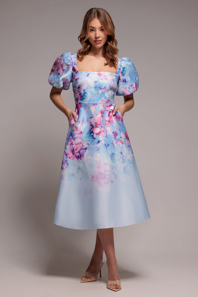 Printed Scuba Square Neck Puff Sleeve Midi Dress - Blue | Goddiva
