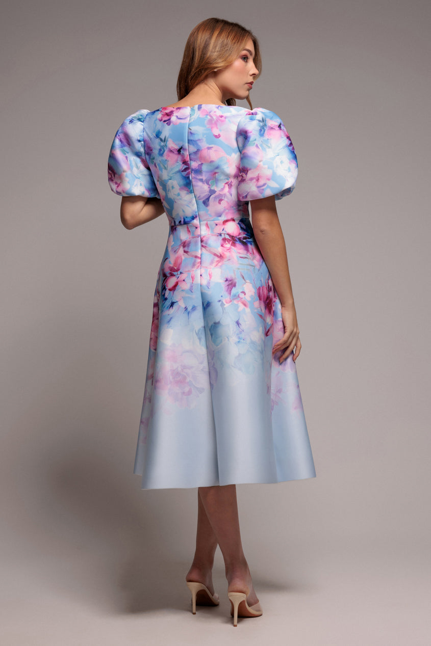 Printed Scuba Square Neck Puff Sleeve Midi Dress - Blue DR4650