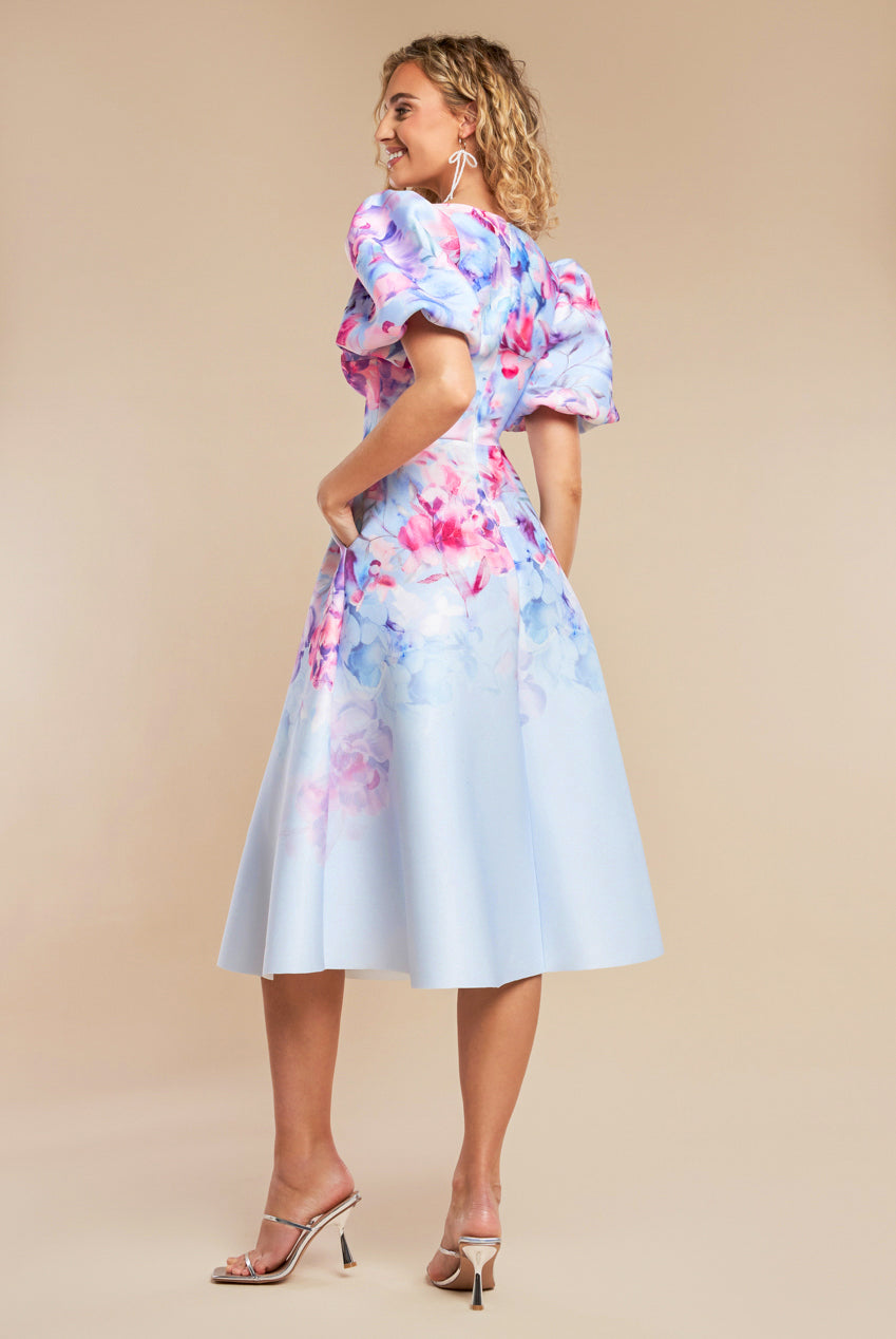 Printed Scuba Square Neck Puff Sleeve Midi Dress - Blue DR4650
