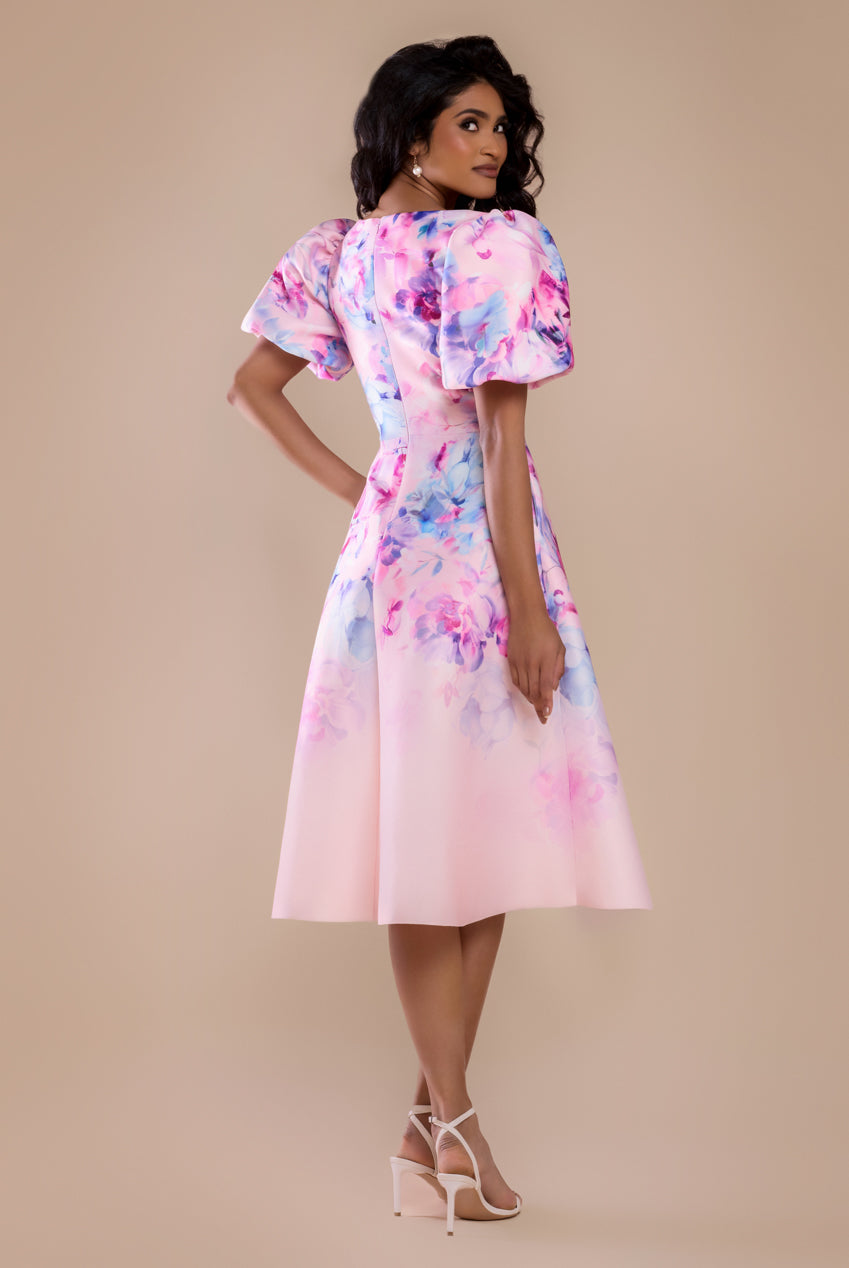 Printed Scuba Square Neck Puff Sleeve Midi Dress - Blush Pink DR4650