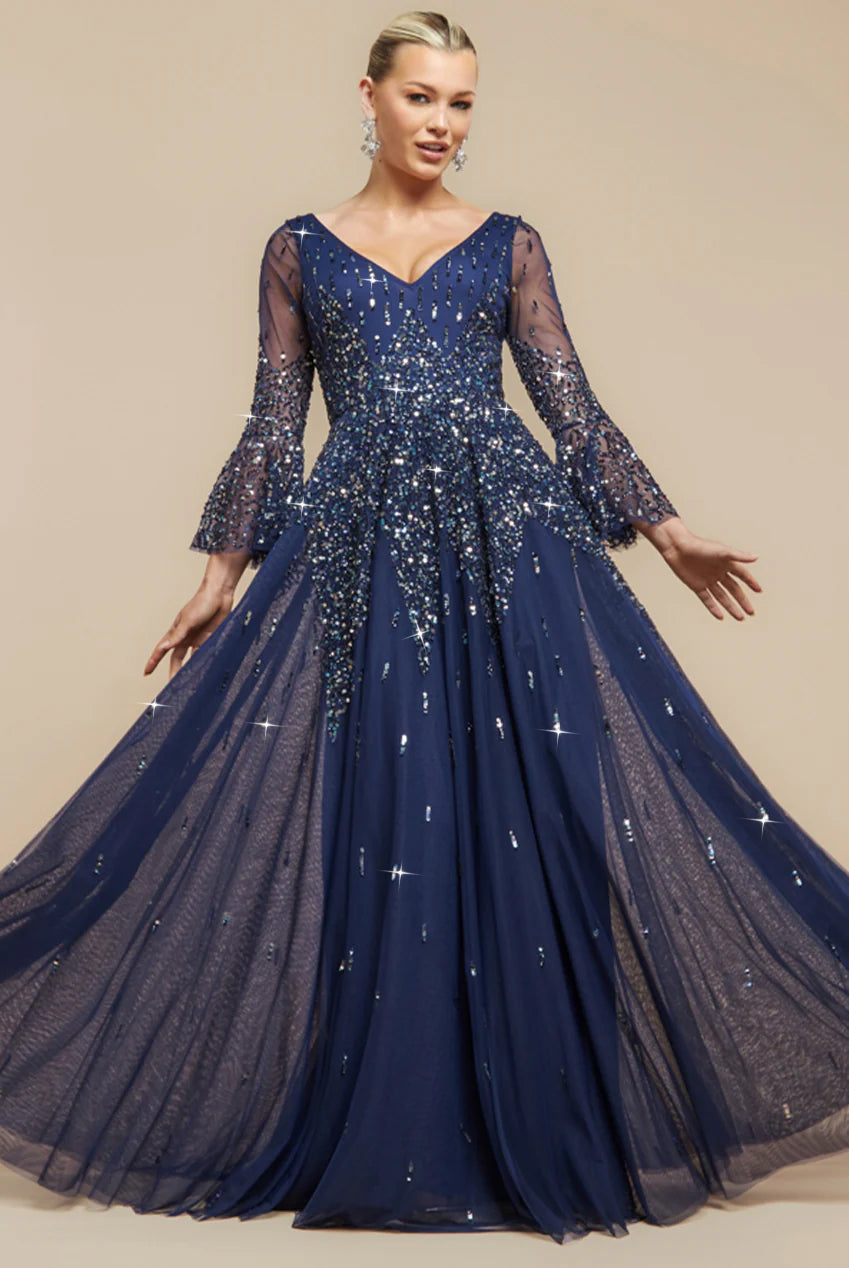 Sunray Hand Embellished Sequin A-Line Bell Sleeve Maxi Dress - Navy Blue DR4654