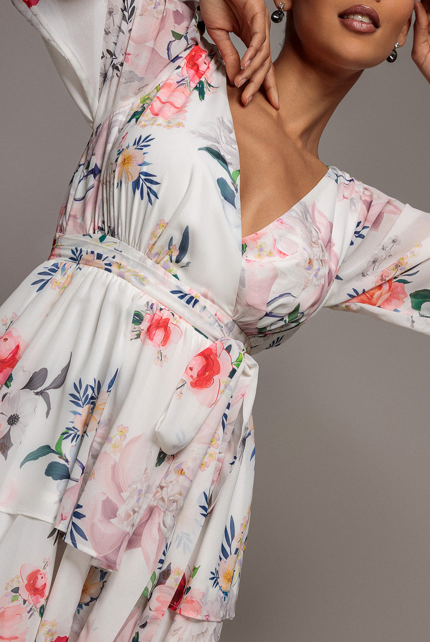 Sustainable Tiered Wrap Floral Mini Dress - White Floral DR4655BBS