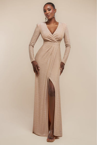 Nude - Front Wrap Lurex Bodycon Maxi Dress - Nude by Goddiva
