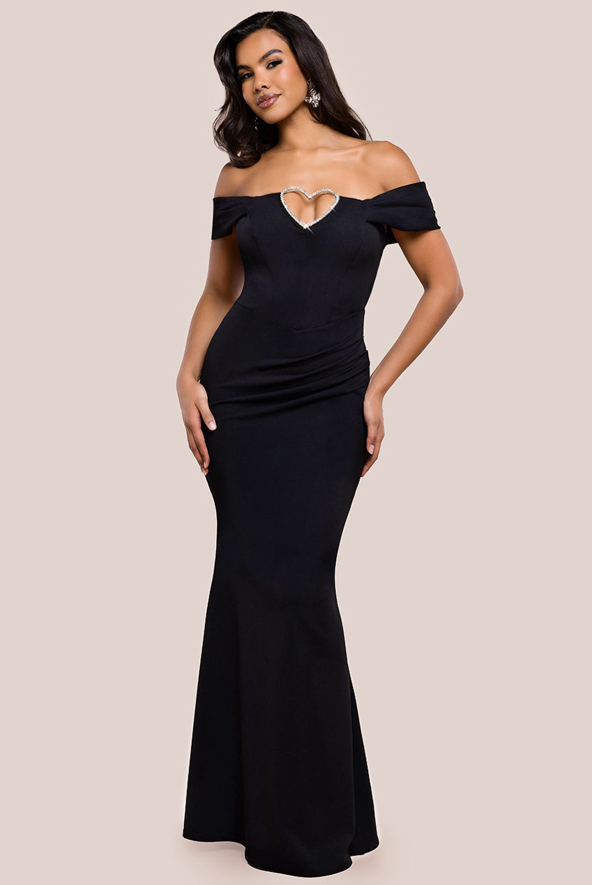 Diamante Heart Trim Evening Maxi Dress - Black DR4674