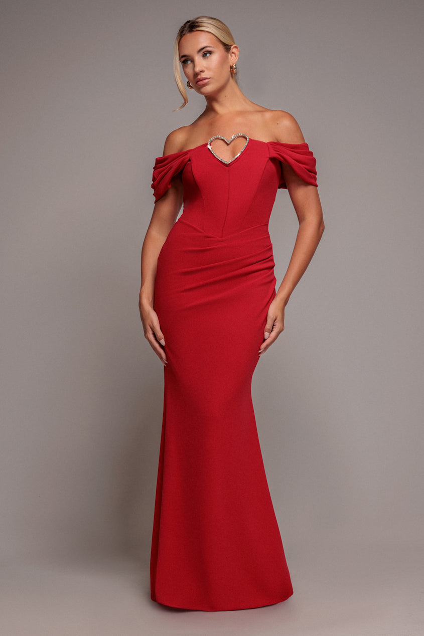 Diamante Heart Trim Evening Maxi Dress - Red DR4674