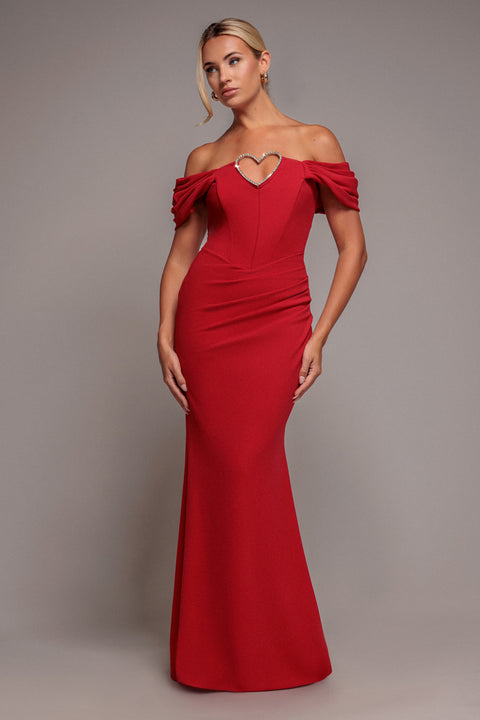 Diamante Heart Trim Evening Maxi Dress - Red by Goddiva